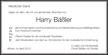 Anzeige von Harry Bäßler von Schwäbische Zeitung