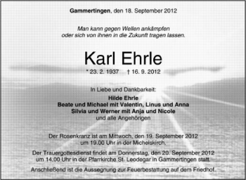 Anzeige von Karl Ehrle von Schwäbische Zeitung