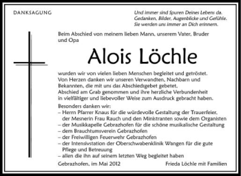 Anzeige von Alois Löchle von Schwäbische Zeitung