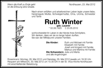 Anzeige von Ruth Winter von Schwäbische Zeitung