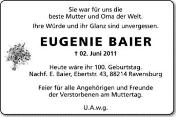 Anzeige von Eugenie Baier von Schwäbische Zeitung