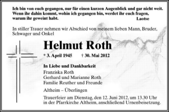 Anzeige von Helmut Roth von Schwäbische Zeitung
