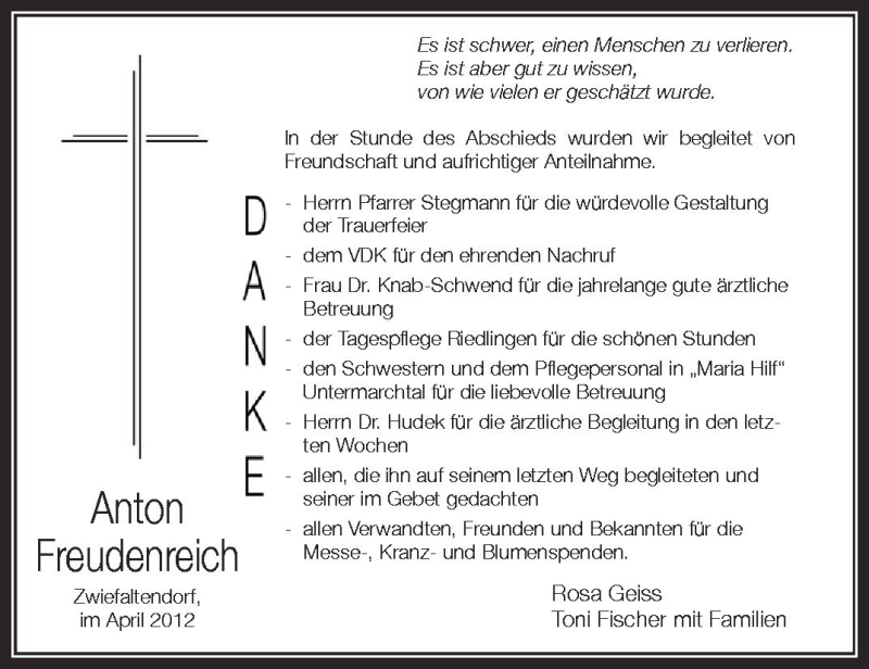  Traueranzeige für Anton Freudenreich vom 27.04.2012 aus Schwäbische Zeitung