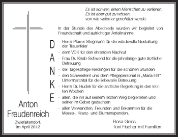 Anzeige von Anton Freudenreich von Schwäbische Zeitung