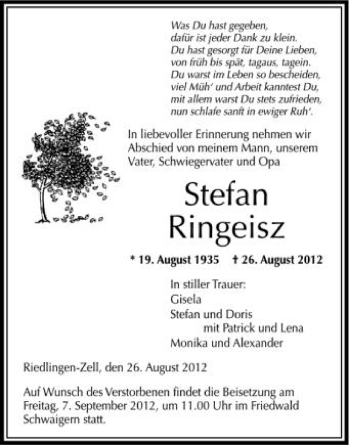 Anzeige von Stefan Ringeisz von Schwäbische Zeitung