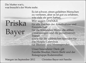 Anzeige von Priska Bayer von Schwäbische Zeitung
