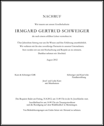 Anzeige von Irmgard Gertrud Schweiger von Schwäbische Zeitung