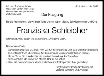 Anzeige von Franziska Schleicher von Schwäbische Zeitung