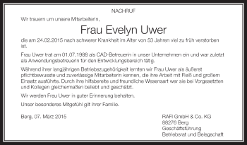 Anzeige von Evelyn Uwer von Schwäbische Zeitung