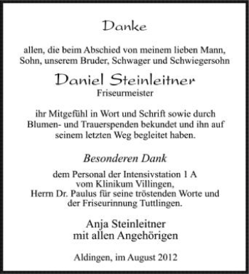 Anzeige von Daniel Steinleitner von Schwäbische Zeitung