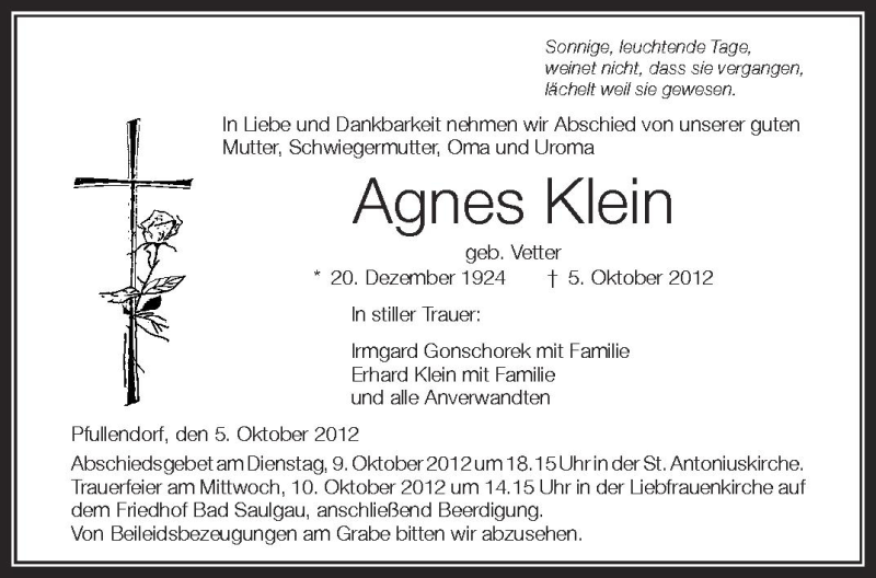 Traueranzeige für Agnes Klein vom 08.10.2012 aus Schwäbische Zeitung