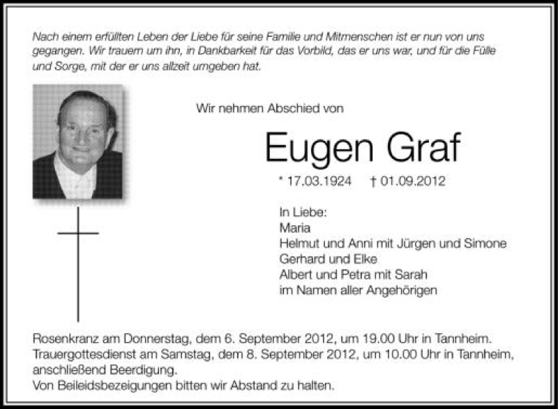  Traueranzeige für Eugen Graf vom 04.09.2012 aus Schwäbische Zeitung