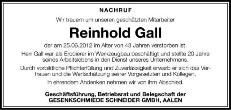  Traueranzeige für Reinhold Gall vom 05.07.2012 aus Schwäbische Zeitung