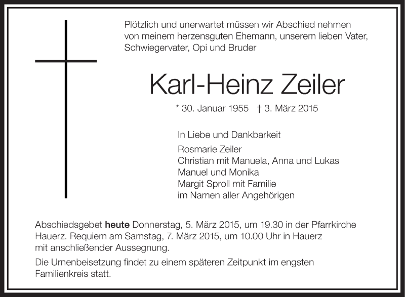  Traueranzeige für Karl-Heinz Zeiler vom 05.03.2015 aus Schwäbische Zeitung
