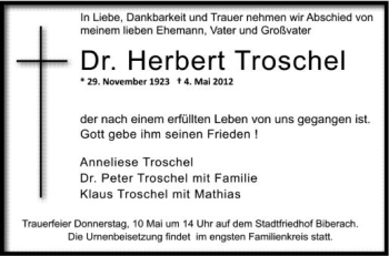 Anzeige von Herbert Troschel von Schwäbische Zeitung