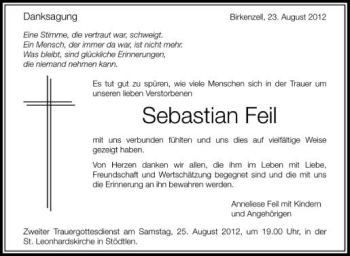 Anzeige von Sebastian Feil von Schwäbische Zeitung