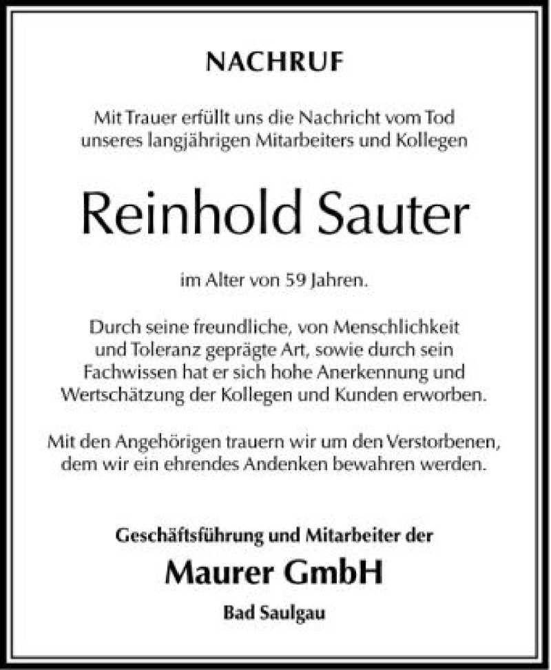  Traueranzeige für Reinhold Sauter vom 10.10.2012 aus Schwäbische Zeitung