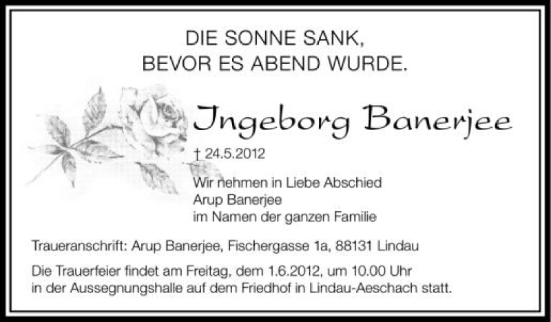  Traueranzeige für Ingeborg Banerjee vom 30.05.2012 aus Schwäbische Zeitung