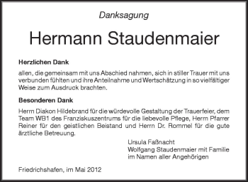 Anzeige von Hermann Staudenmaier von Schwäbische Zeitung