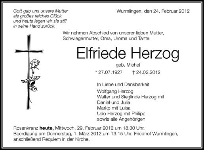  Traueranzeige für Elfriede Herzog vom 29.02.2012 aus Schwäbische Zeitung