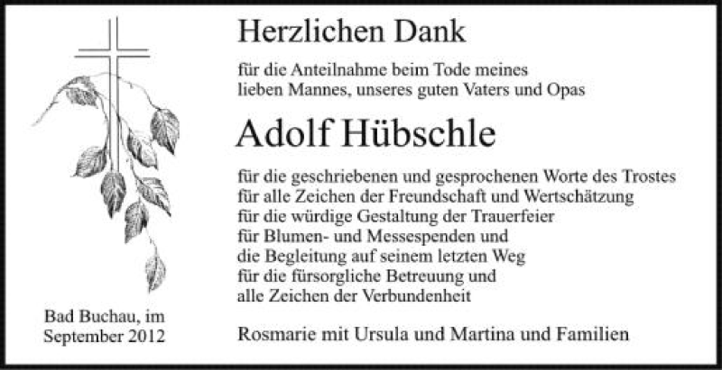  Traueranzeige für Adolf Hübschle vom 07.09.2012 aus Schwäbische Zeitung
