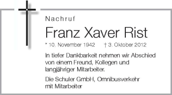 Anzeige von Franz Xaver Rist von Schwäbische Zeitung