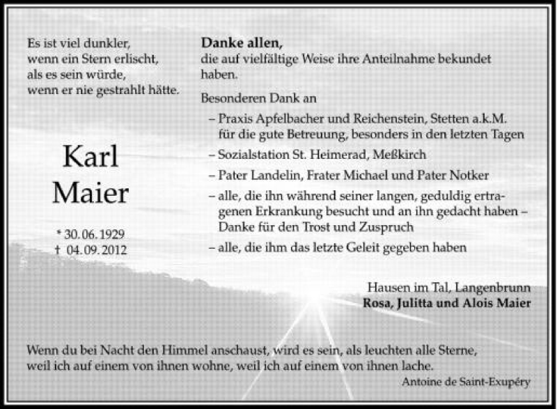  Traueranzeige für Karl Maier vom 14.09.2012 aus Schwäbische Zeitung