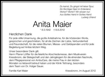 Anzeige von Anita Maier von Schwäbische Zeitung