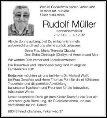 Anzeige von Rudolf Müller von Schwäbische Zeitung