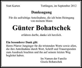 Anzeige von Günter Bohatschek von Schwäbische Zeitung