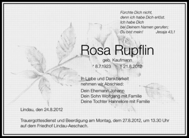  Traueranzeige für Rosa Rupflin vom 24.08.2012 aus Schwäbische Zeitung