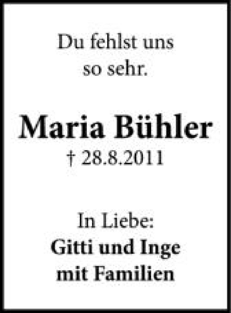  Traueranzeige für Maria Bühler vom 28.08.2012 aus Schwäbische Zeitung