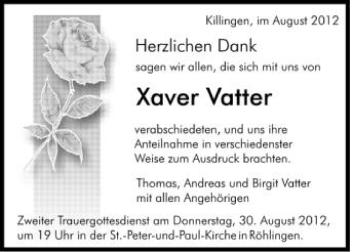 Anzeige von Xaver Vatter von Schwäbische Zeitung