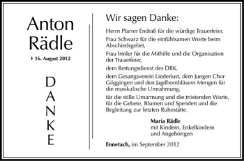 Anzeige von Anton Rädle von Schwäbische Zeitung