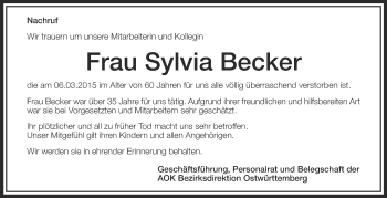Anzeige von Sylvia Becker von Schwäbische Zeitung
