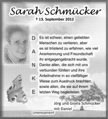 Anzeige von Sarah Schmücker von Schwäbische Zeitung