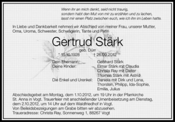 Anzeige von Gertrud Stärk von Schwäbische Zeitung