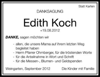 Anzeige von Edith Koch von Schwäbische Zeitung