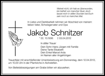 Anzeige von Jakob Schnitzer von Schwäbische Zeitung