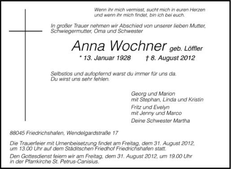 Traueranzeige für Anna Wochner vom 28.08.2012 aus Schwäbische Zeitung