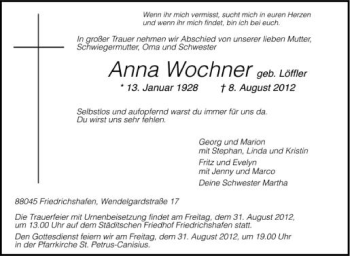 Anzeige von Anna Wochner von Schwäbische Zeitung