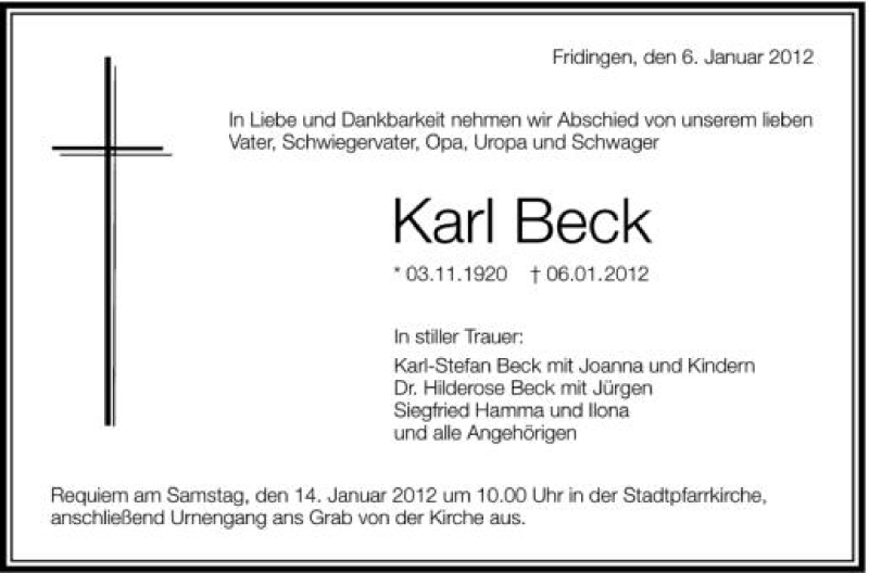  Traueranzeige für Karl Beck vom 11.01.2012 aus Schwäbische Zeitung