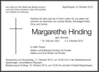 Anzeige von Margarethe Hinding von Schwäbische Zeitung