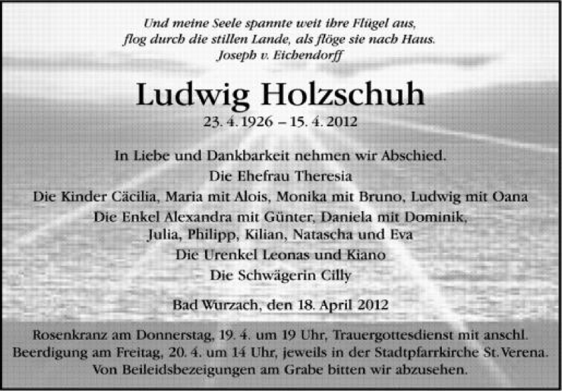  Traueranzeige für Ludwig Holzschuh vom 18.04.2012 aus Schwäbische Zeitung