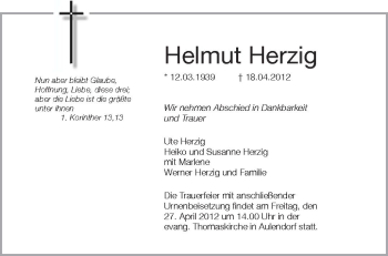 Anzeige von Helmut Herzig von Schwäbische Zeitung
