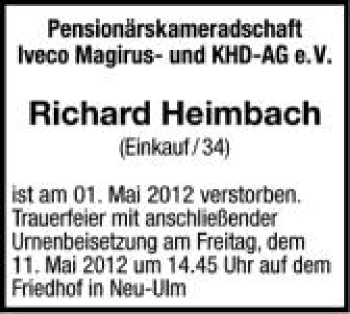 Anzeige von Richard Heimbach von Schwäbische Zeitung
