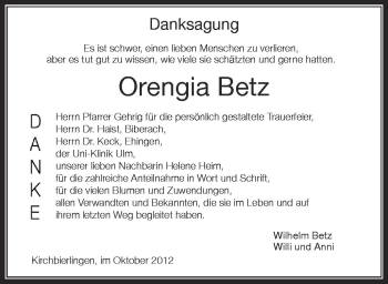 Anzeige von Orengia Betz von Schwäbische Zeitung