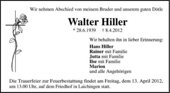 Anzeige von Walter Hiller von Schwäbische Zeitung