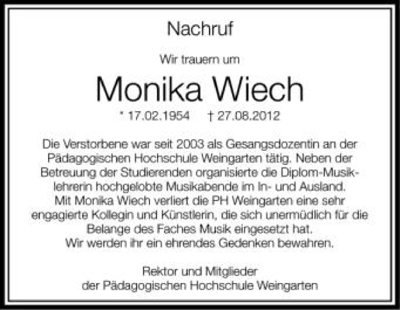  Traueranzeige für Monika Wiech vom 04.09.2012 aus Schwäbische Zeitung