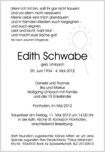 Anzeige von Edith Schwabe von Schwäbische Zeitung